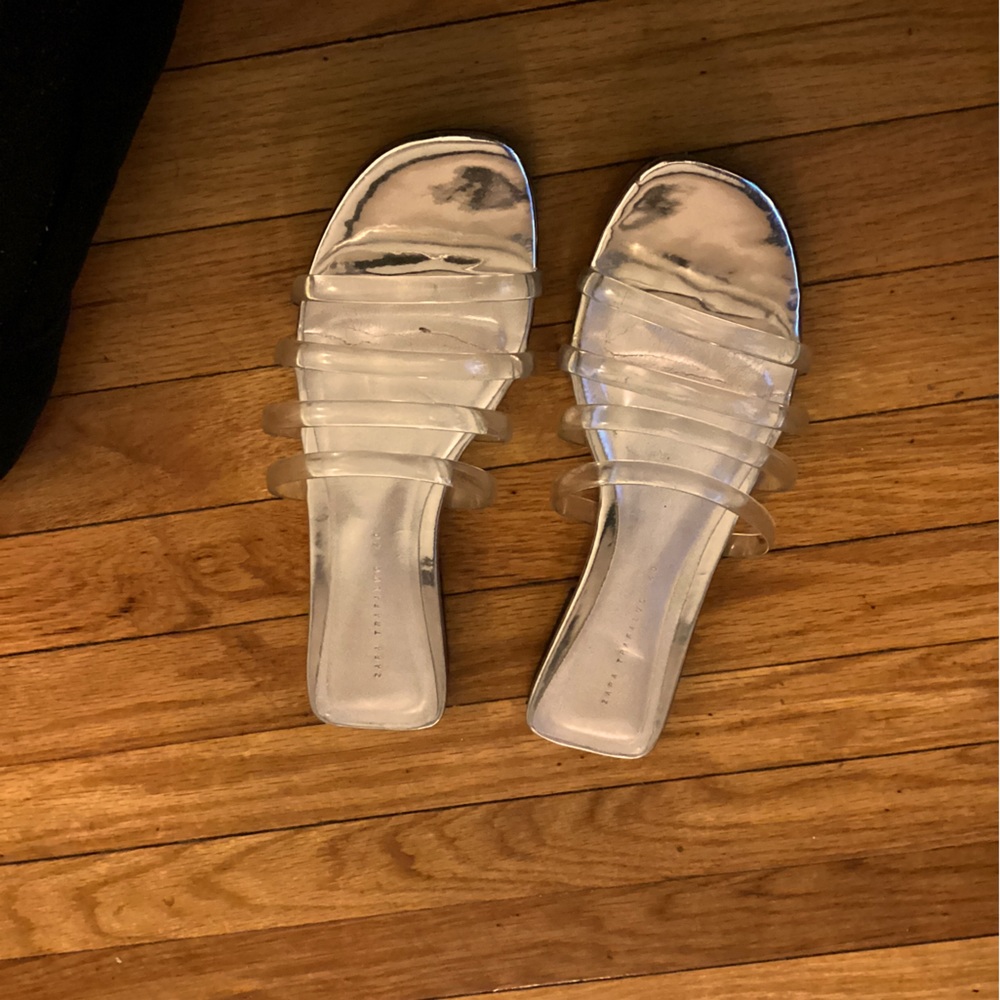 Zara Silver Clear Multi Strap Slip On Sandals.